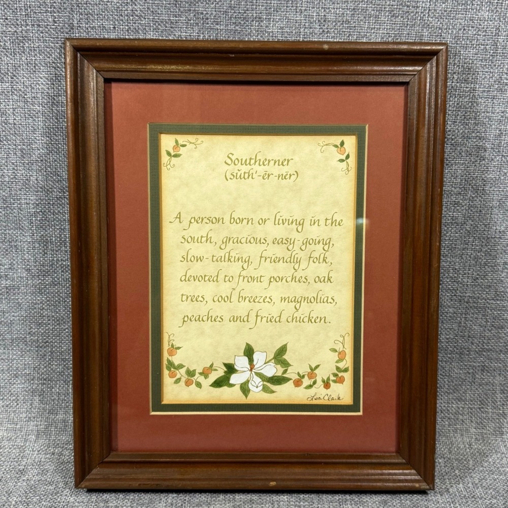 VTG Lisa Clark Southerner Framed Art Print Magnolia Peach Folk Art Decor 10x12